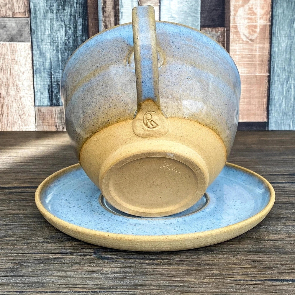XL Wheel Thrown Cappuccino Mug and Saucer in Blue