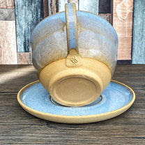 XL Wheel Thrown Cappuccino Mug and Saucer in Blue