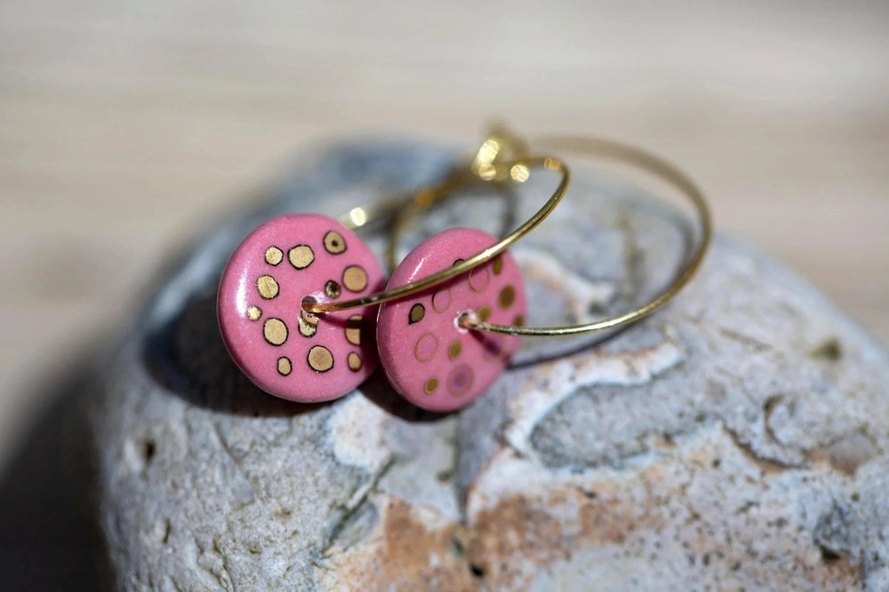 Pink Raspberry Porcelain Hoop Earrings | 24K Gold Minimalist Jewellery
