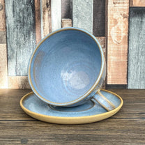 XL Wheel Thrown Cappuccino Mug and Saucer in Blue