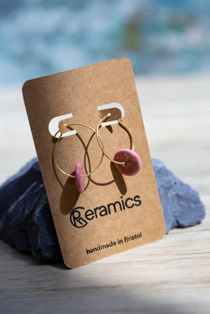Pink Raspberry Porcelain Hoop Earrings | 24K Gold Minimalist Jewellery