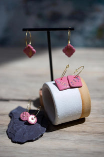 Raspberry Pink Square Porcelain Hand-Crafted Earrings with Painted Details