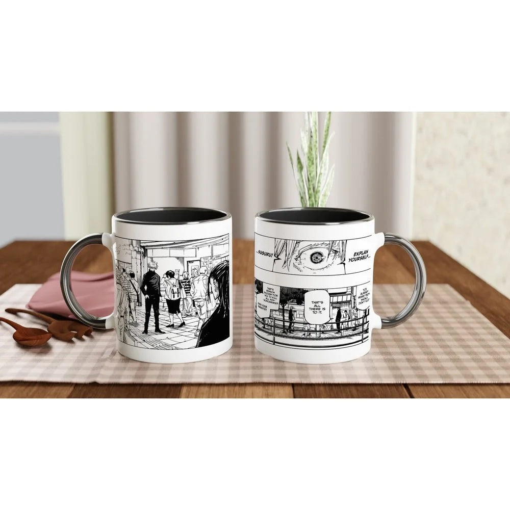 A ceramic Jujutsu Kaisen mug displays a black and white manga panel depicting Satoru Gojo and Suguru Geto during their breakup, with speech bubbles reading "Explain Yourself" and "There's no way.