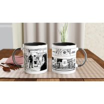 A ceramic Jujutsu Kaisen mug displays a black and white manga panel depicting Satoru Gojo and Suguru Geto during their breakup, with speech bubbles reading "Explain Yourself" and "There's no way.