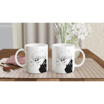 Two white ceramic mugs display a black and white manga panel of Satoru Gojo from Jujutsu Kaisen with the words "You Cryin'?" visible on the design.