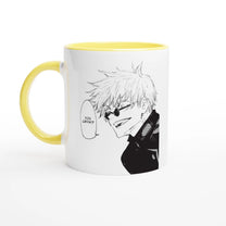 A black and white illustration from Jujutsu Kaisen depicts Satoru Gojo wearing sunglasses and a speech bubble reads "You Cryin'?" on an 11oz ceramic mug.