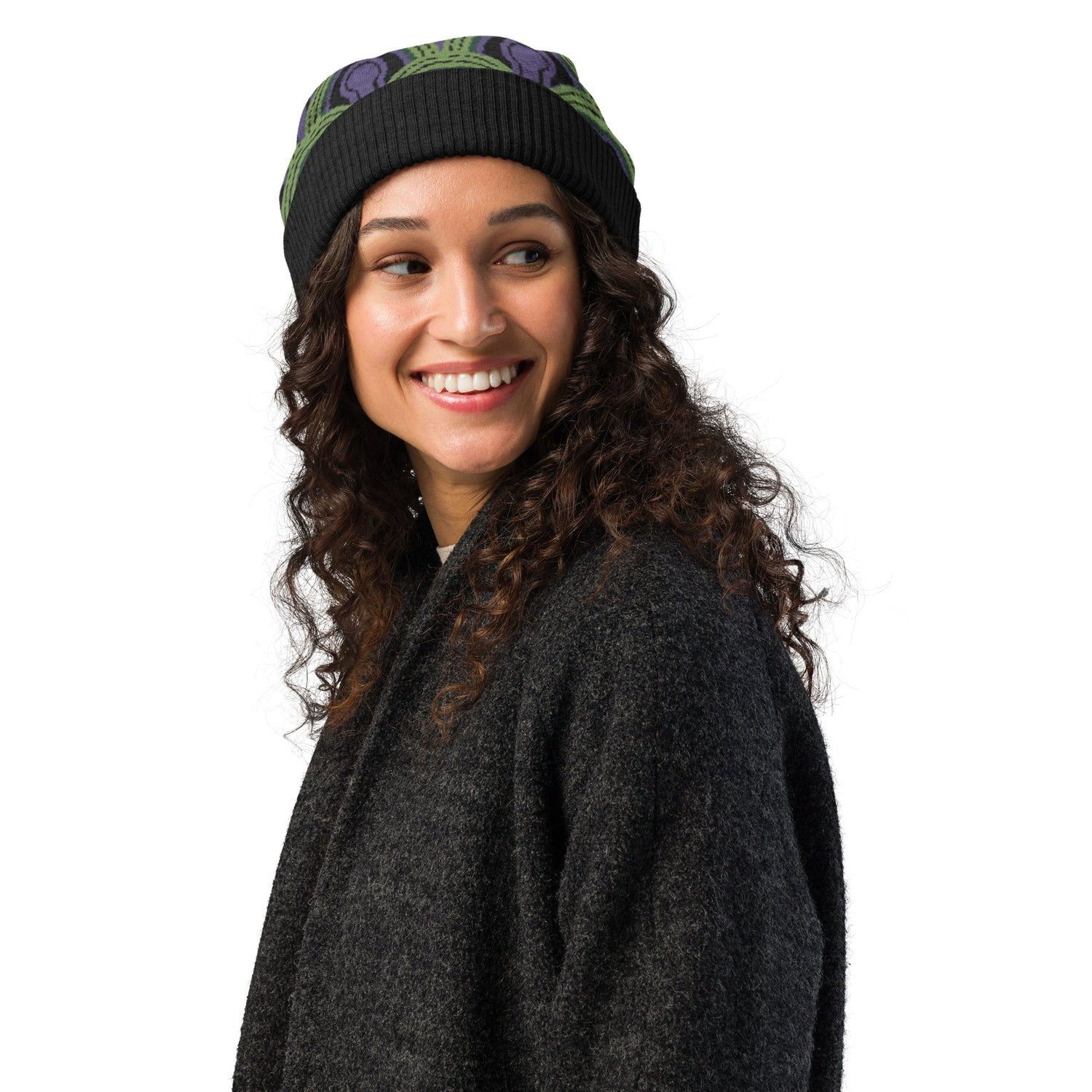 Woman wearing a  green, purple and black Room 237 Overlook Hotel patterned knitted beanie from The Shining