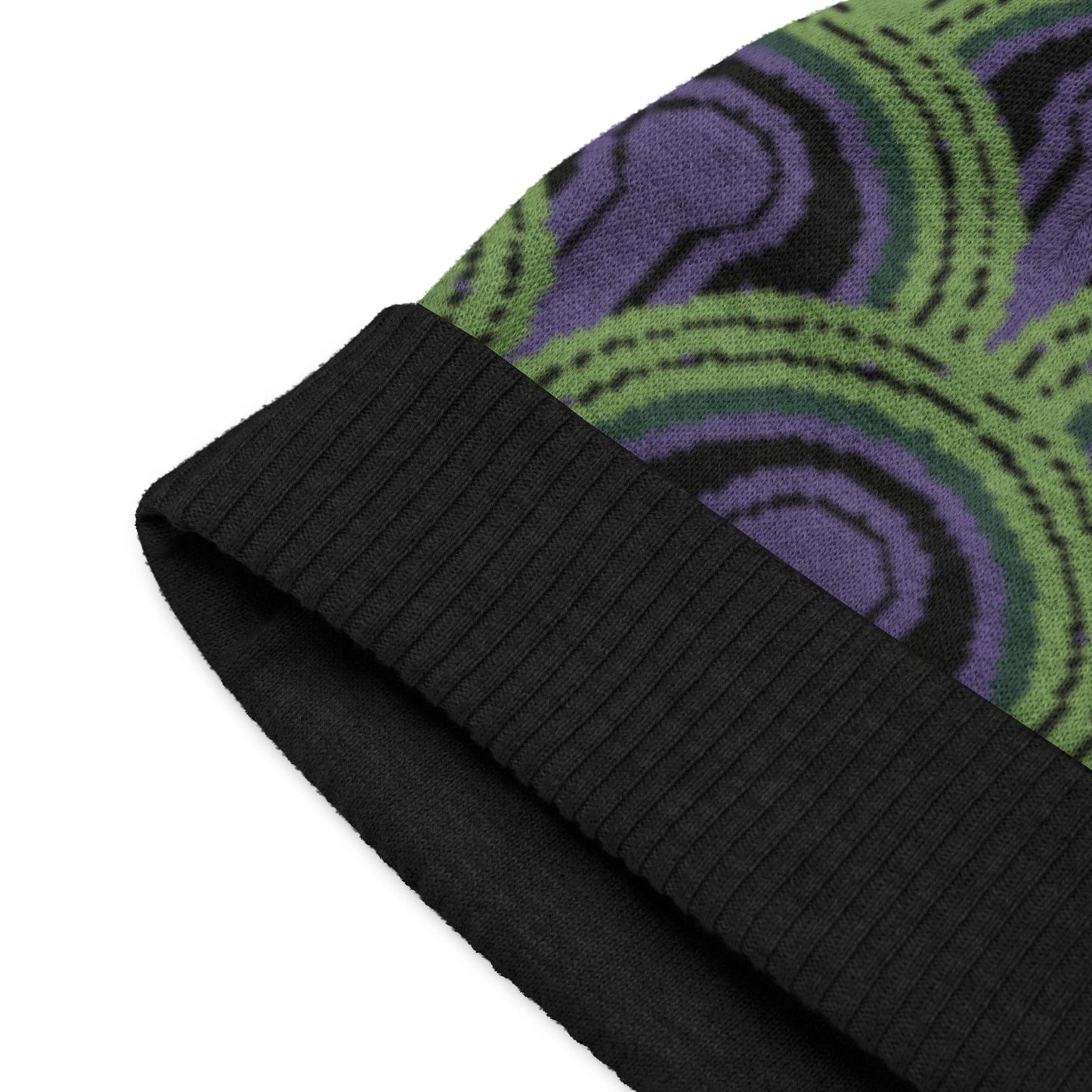 Close-up of Overlook Room 237 Wallpaper pattern knitted beanie on a white background