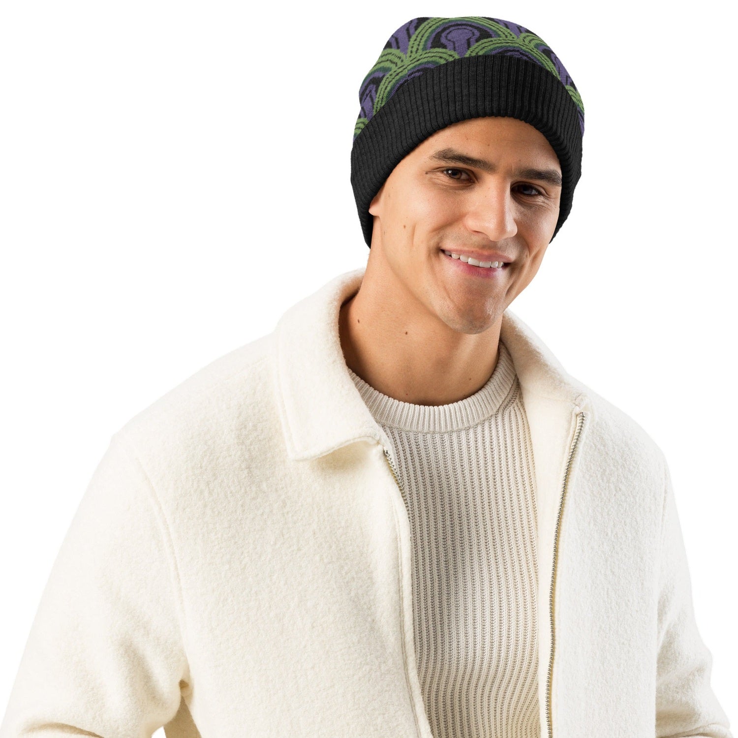 Man wearing a  green, purple and black Room 237 Overlook Hotel patterned knitted beanie from The Shining