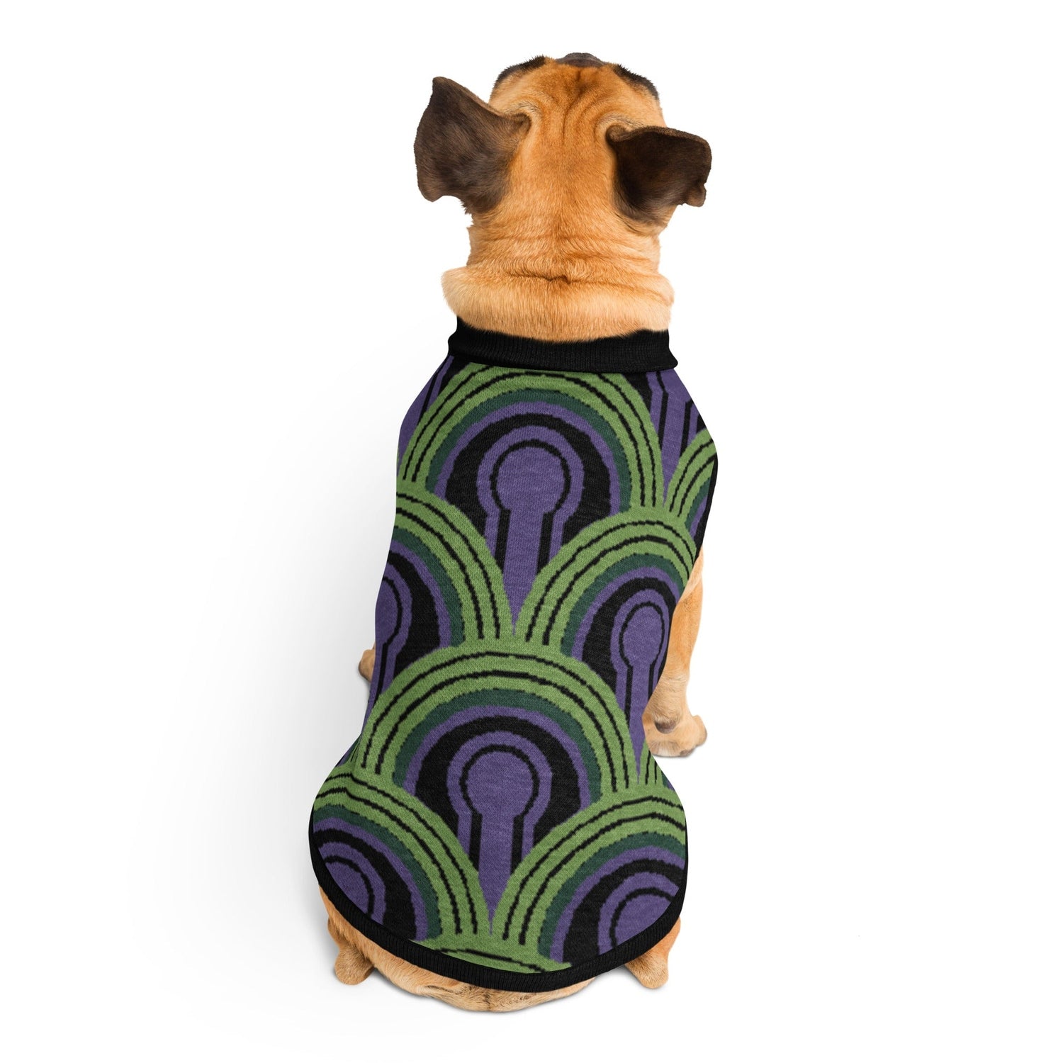 Dog wearing an Overlook Hotel Room 237 Wallpaper pattern knitted jumper on a white background