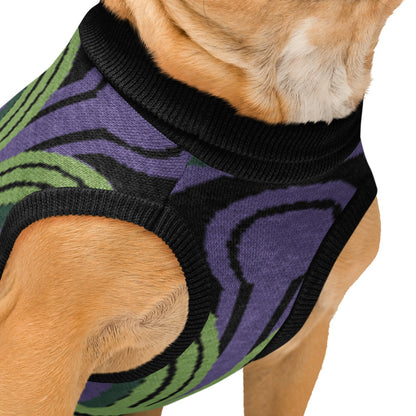 Close up details of dog wearing an Overlook Hotel Room 237 Wallpaper pattern knitted jumper on a white background