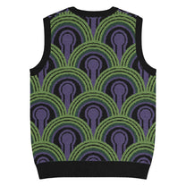A v-neck knitted sweater vest featuring a green, purple, and black Room 237 wallpaper pattern inspired by horror films.