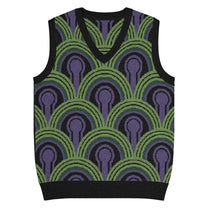 A v-neck knitted sweater vest featuring a green, purple, and black Room 237 wallpaper pattern inspired by horror films.