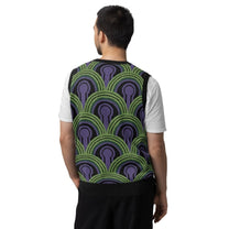 Back view of a person wearing a V-neck knitted sweater vest featuring a green, purple, and black Room 237 wallpaper pattern inspired by horror films.