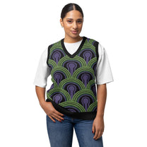 A person wearing a v-neck knitted sweater vest featuring a green and purple Room 237 wallpaper pattern inspired by horror films.