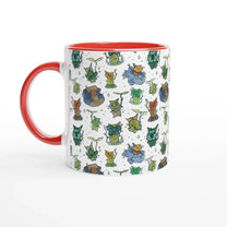 A white ceramic mug with a red handle and rim features a repeating pattern of Korok characters from The Legend of Zelda: Breath of the Wild and Tears of the Kingdom.
