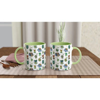 A white ceramic mug featuring a repeating pattern of Korok characters from The Legend of Zelda: Breath of the Wild and Tears of the Kingdom.