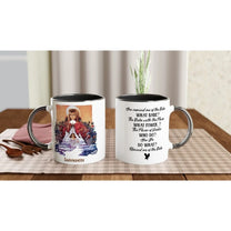 A white mug featuring imagery from the 1986 Labyrinth movie and phrases related to the fantasy film.