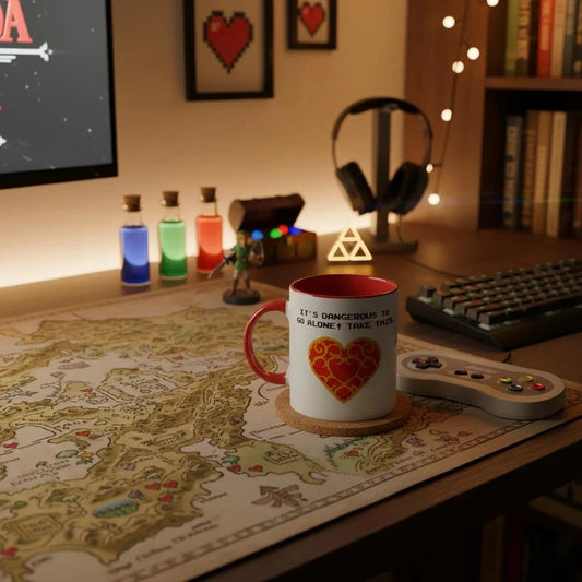 Desk setup with a  Zelda Heart Container mug, map, and gaming accessories in a cozy room.
