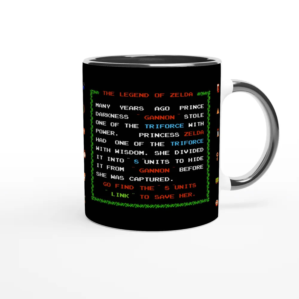 A white ceramic mug displays a recreation of the 1986 NES title screen for The Legend of Zelda, featuring green pixelated text describing the game's plot.