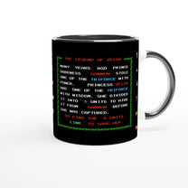 A white ceramic mug displays a recreation of the 1986 NES title screen for The Legend of Zelda, featuring green pixelated text describing the game's plot.