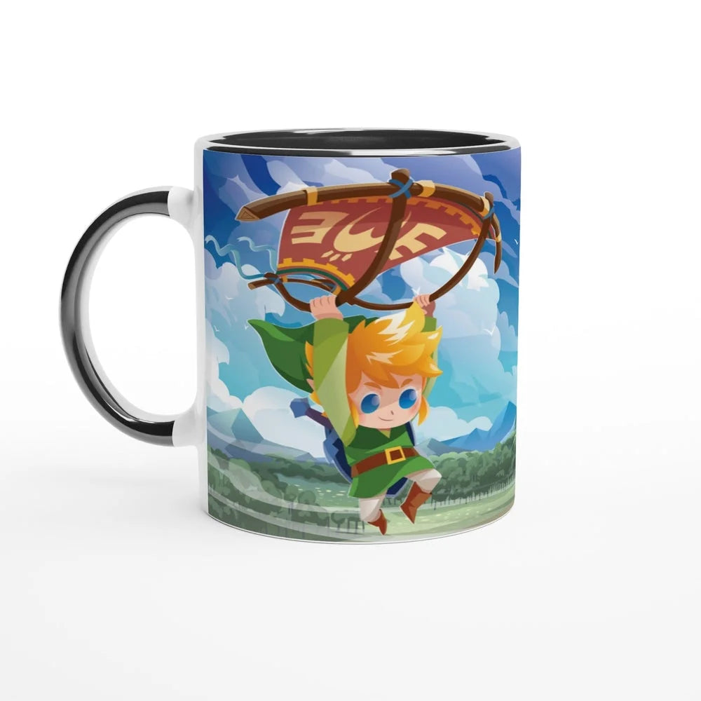 An 11oz mug depicts a chibi Link from The Legend of Zelda soaring through a Hyrule landscape using a paraglider.