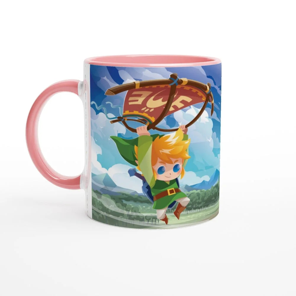 A ceramic mug displays a chibi Link from The Legend of Zelda soaring through a Hyrule landscape using a paraglider.
