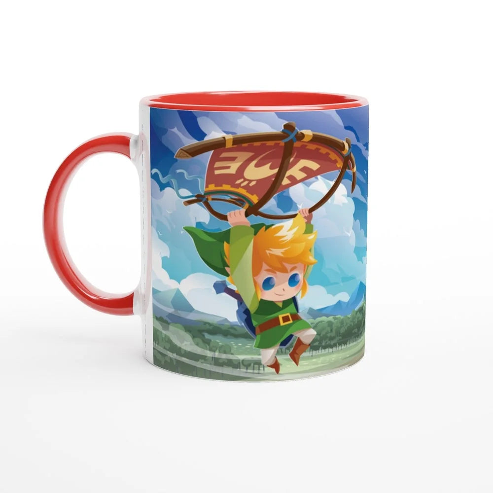 An 11oz mug depicts a chibi Link from The Legend of Zelda soaring through a Hyrule landscape while paragliding, featuring the Triforce symbol.