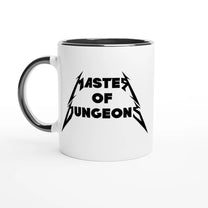 A white mug displays "Master of Dungeons" in a font inspired by Metallica's logo against a black background.