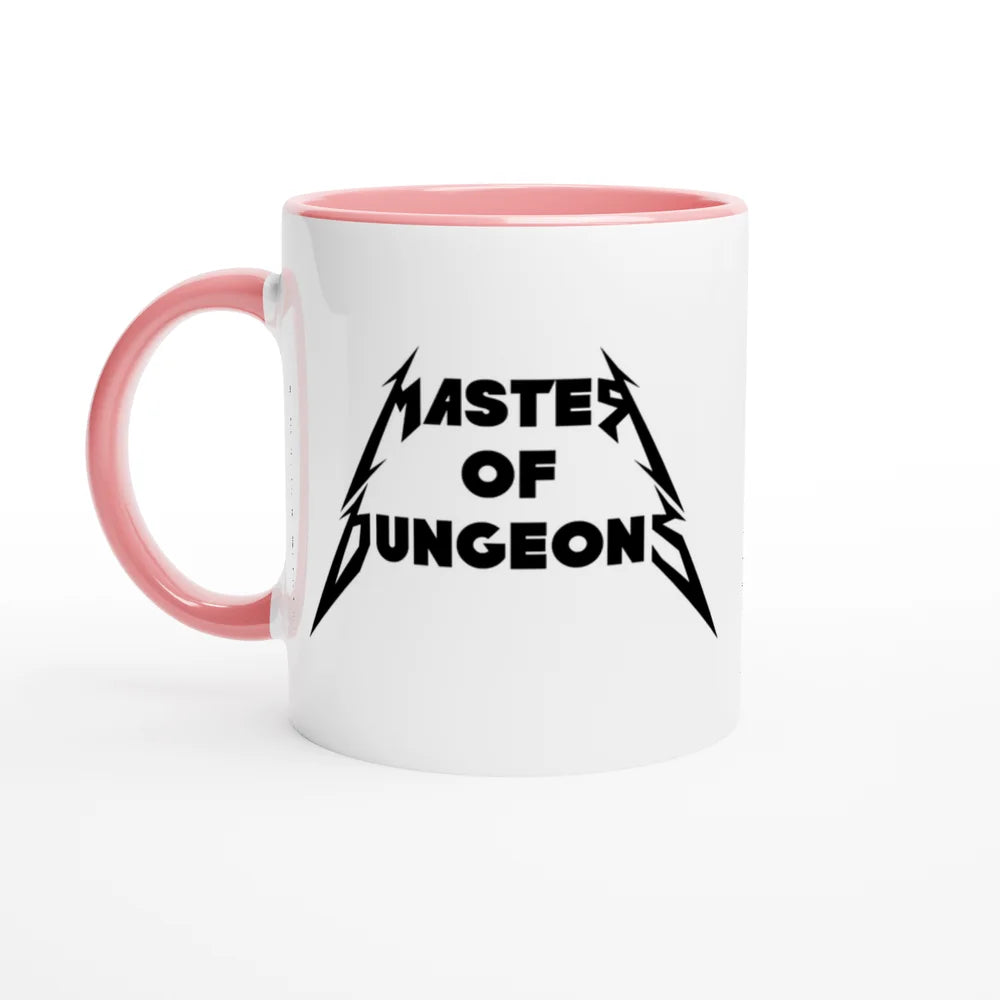 A white mug with a pink handle and rim features "Master of Dungeons" displayed in a Metallica-inspired font.