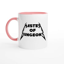 A white mug with a pink handle and rim features "Master of Dungeons" displayed in a Metallica-inspired font.