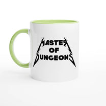 A white mug with a green handle and rim features "Master of Dungeons" printed in a font inspired by Metallica.