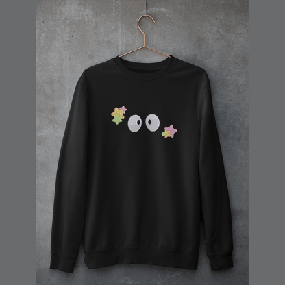 A black Soot Sprites embroidered sweater displays three stylized characters from Studio Ghibli's Spirited Away on the chest.