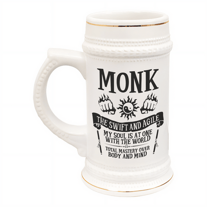 A white ceramic tankard featuring "Monk" lettering and D&D-inspired imagery is displayed against a plain background.