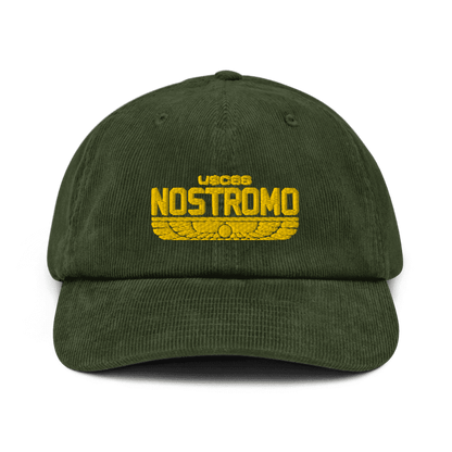A green baseball cap features an embroidered "USCSS NOSTROMO" logo with a wings style design, referencing the Alien franchise.