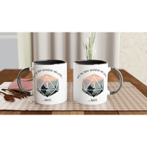 Two D&D mugs feature a mountain landscape graphic alongside a d20 die displaying a "1" and the phrase "...shit.