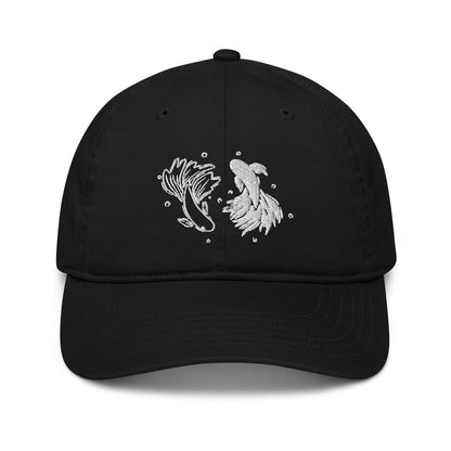 A black Jujutsu Kaisen baseball cap features embroidered betta fish designs on the front panel.
