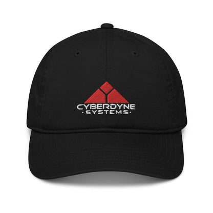 A black baseball cap features a Cyberdyne Systems logo embroidered in white and red lettering.