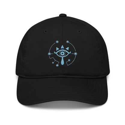 A black dad hat features an embroidered Sheikah eye symbol from The Legend of Zelda: Tears of the Kingdom.