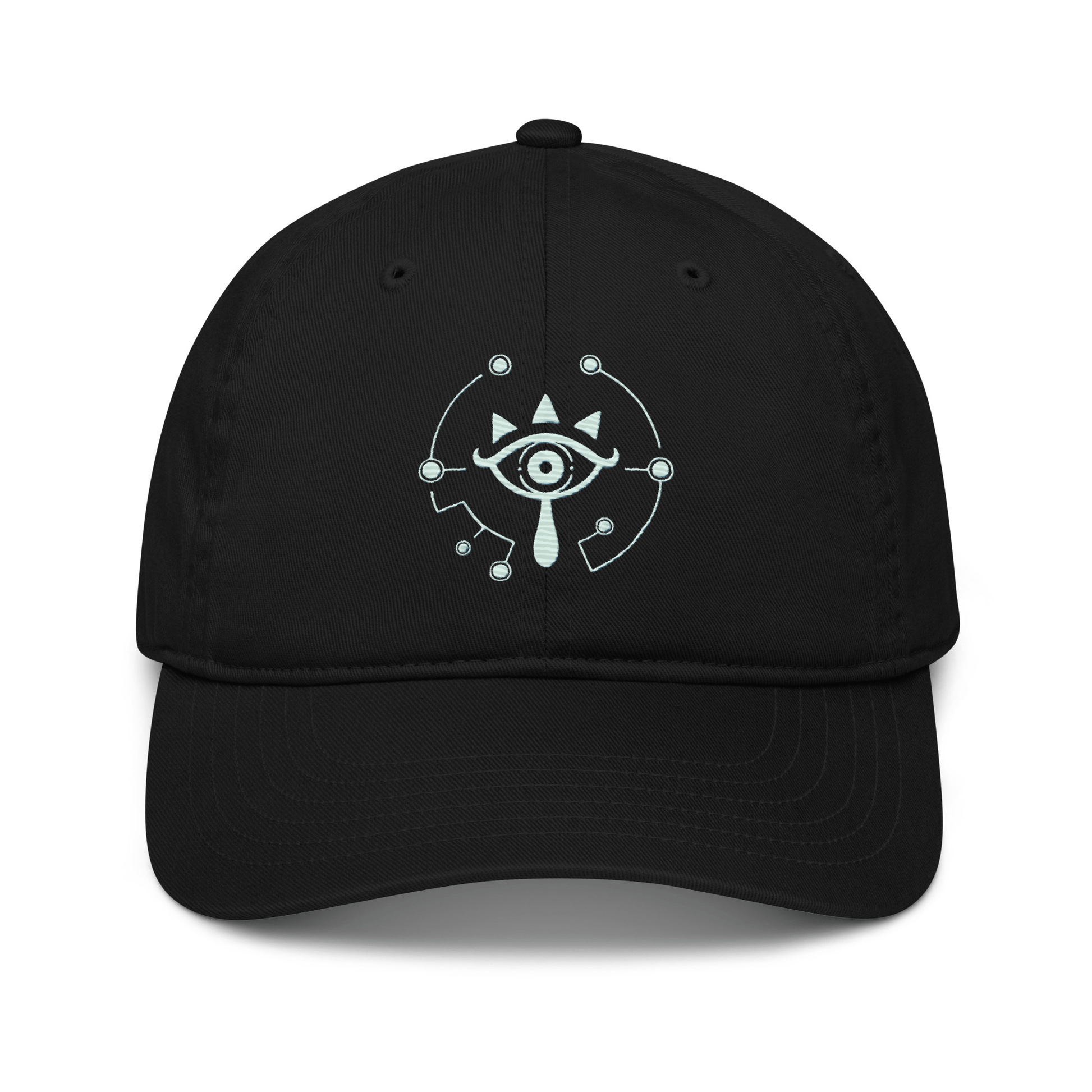 A black dad hat features an embroidered Sheikah eye symbol from The Legend of Zelda: Tears of the Kingdom.