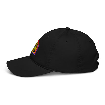 A black baseball cap features an embroidered logo of the USCSS Maginot from the Alien franchise displayed in rainbow colors on the front.