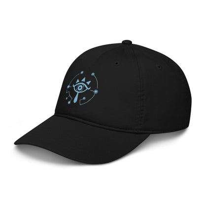 A black dad hat features an embroidered Sheikah eye symbol from The Legend of Zelda: Tears of the Kingdom.