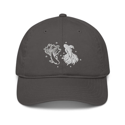 This Jujutsu Kaisen hat is a gray embroidered baseball cap featuring a white betta fish design resembling a yin yang symbol.
