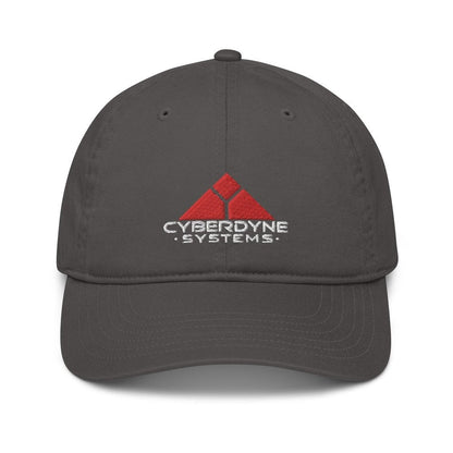 A gray cotton/corduroy baseball cap displays the Cyberdyne Systems logo from the Terminator movie.