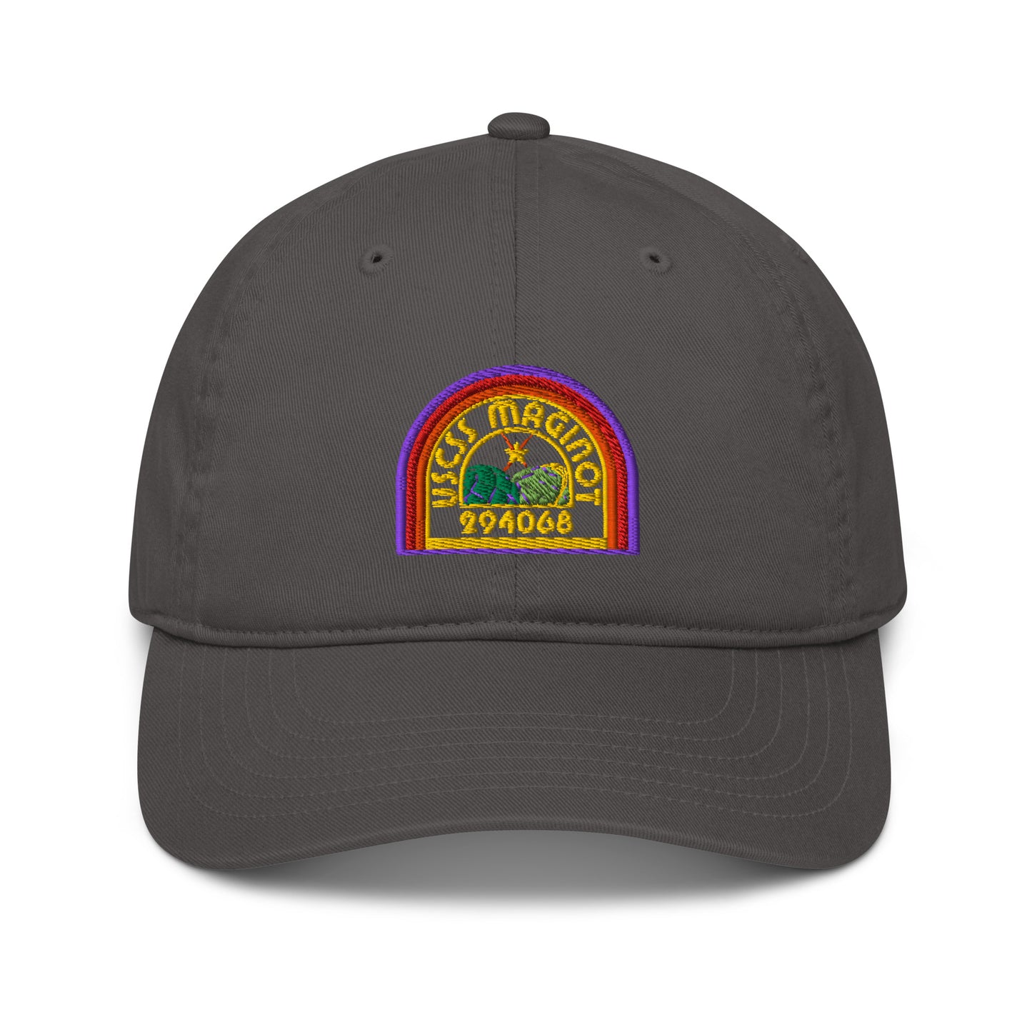 A gray Alien USCSS Maginot embroidered logo hat features a rainbow-colored design on the front panel.