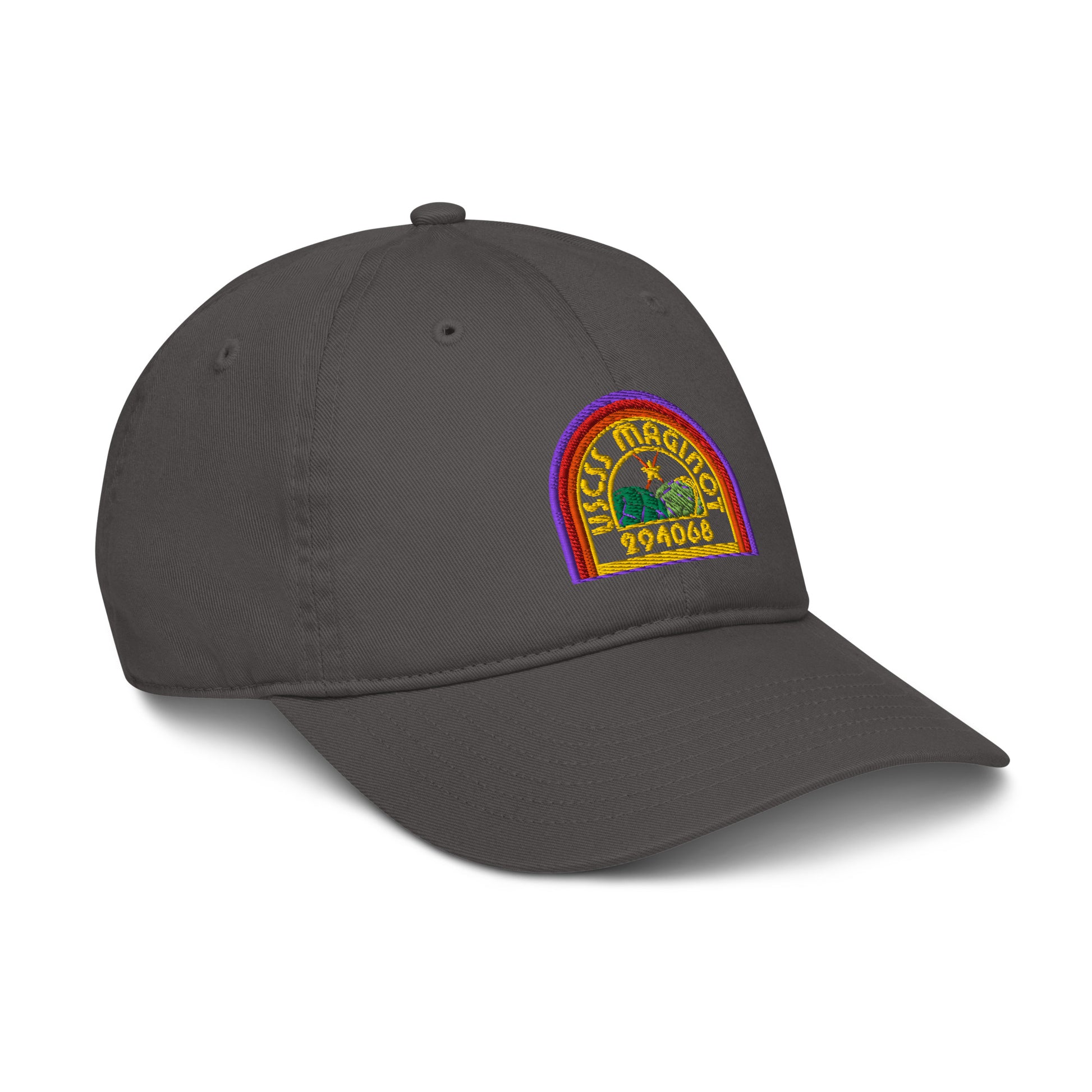 A gray baseball cap features an embroidered logo displaying "USCSS Maginot" and a number in rainbow colors.