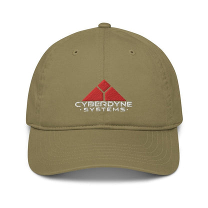 This olive green baseball cap features an embroidered red triangle logo and "Cyberdyne Systems" lettering referencing the Terminator movie.