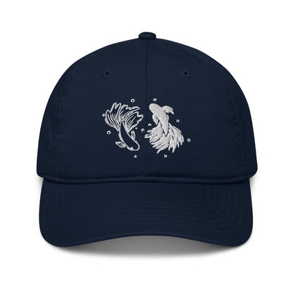 This navy blue Jujutsu Kaisen baseball cap features embroidered betta fish designs arranged in a yin yang pattern.