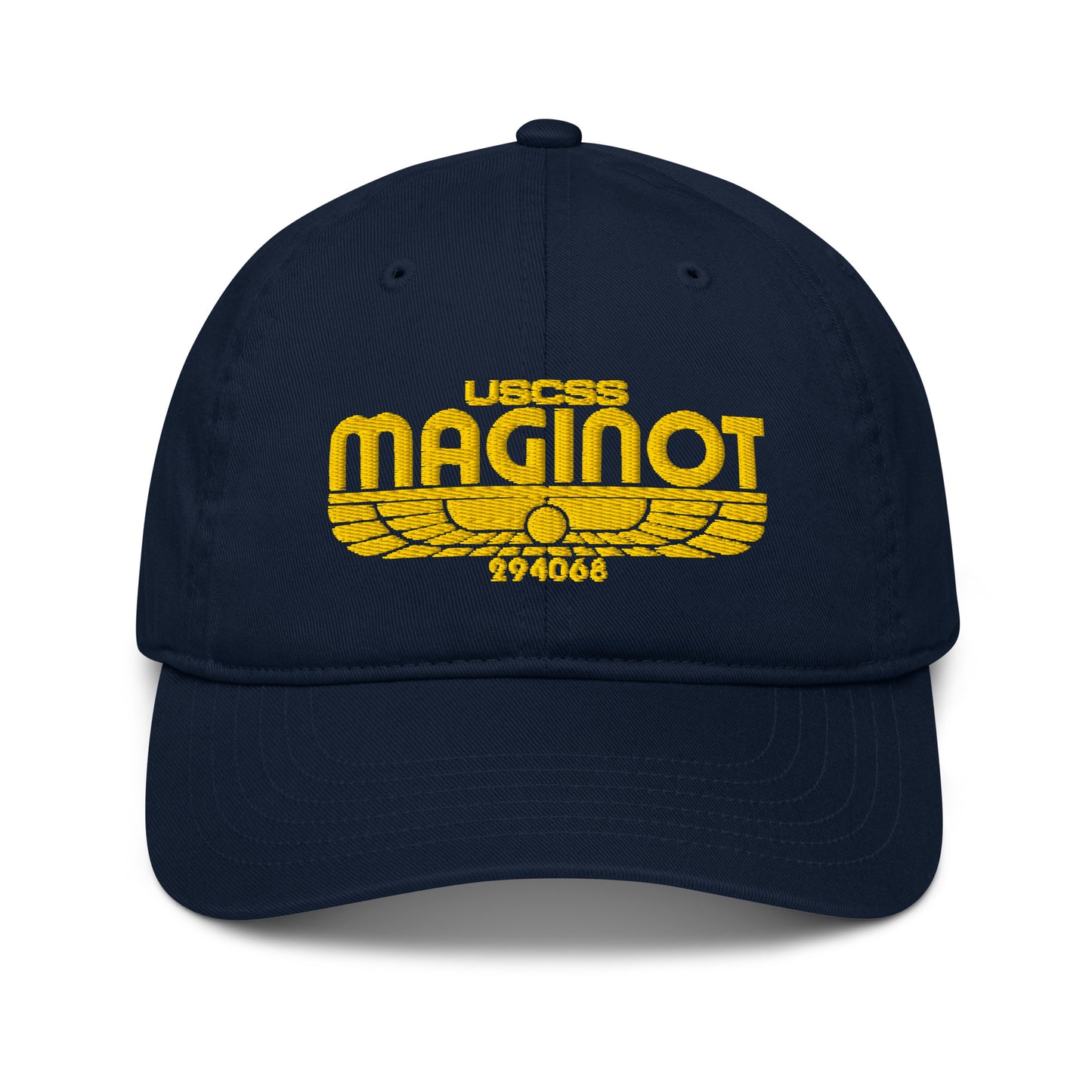 A navy blue baseball cap features an embroidered logo displaying "USCSS MAGINOT" and stylized wings referencing the Alien franchise.