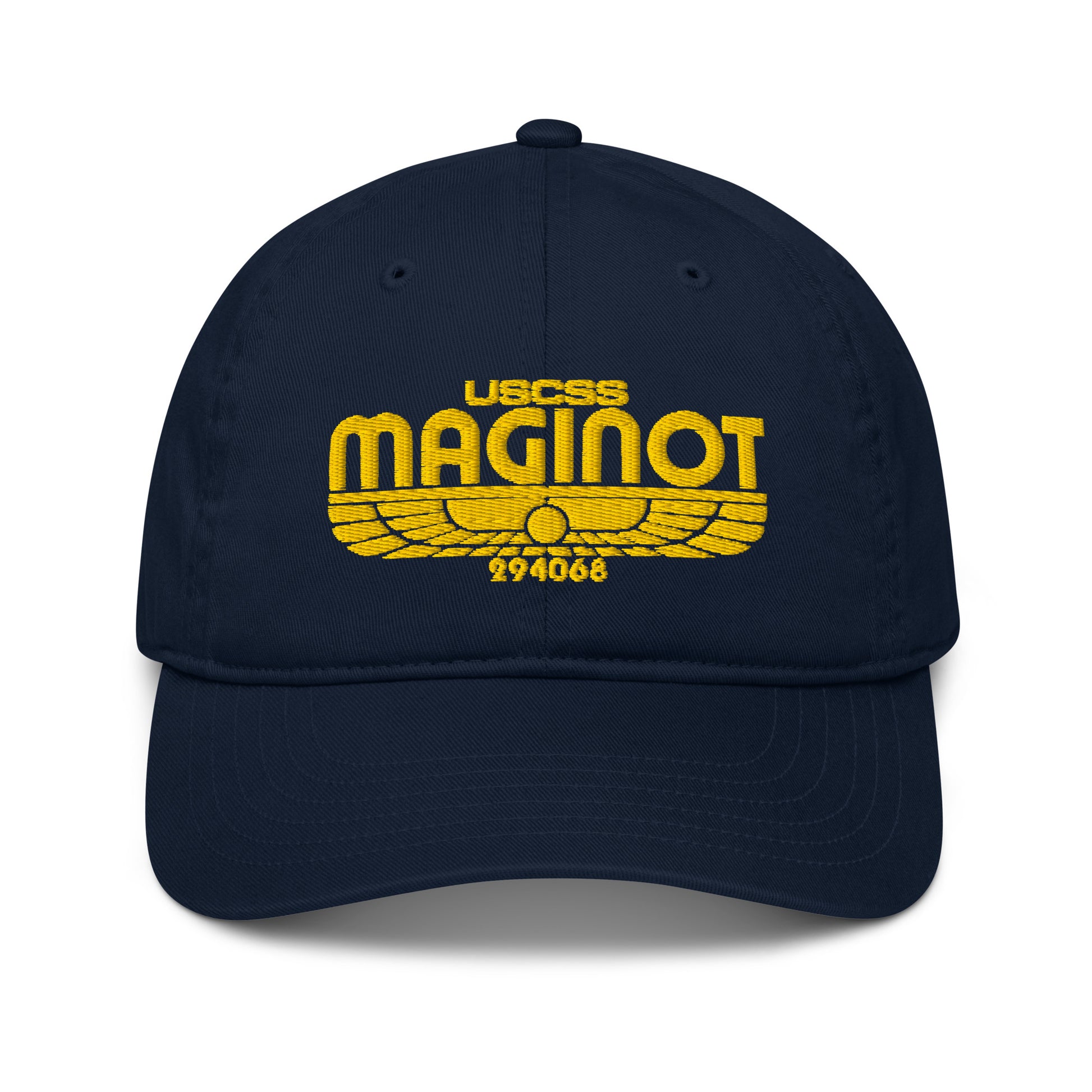 A navy blue baseball cap features an embroidered logo displaying "USCSS MAGINOT" and stylized wings referencing the Alien franchise.